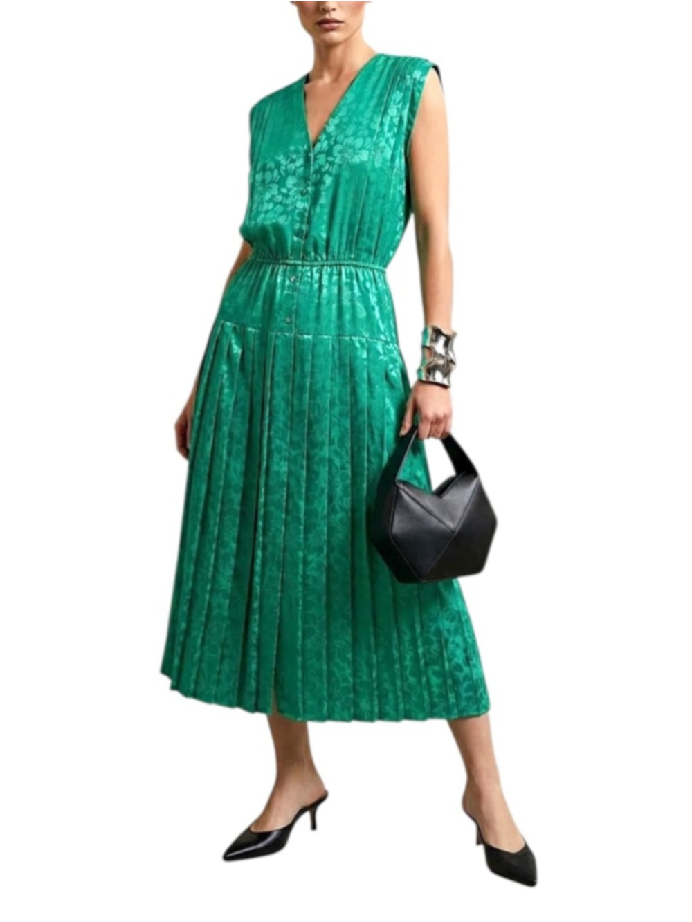 VTG 80s 90s Argenti emerald green silky damask short sleeve blouson midi dress 8